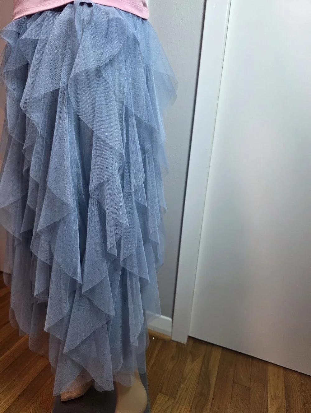 ​Dusty Blue Tiered Tulle Layered Mesh Ruffle Maxi Skirt - Size L